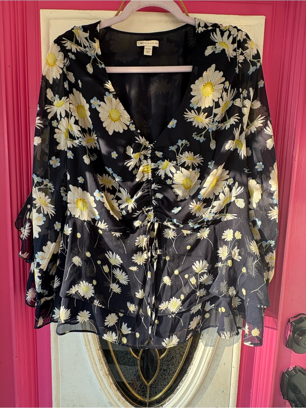 Cato navy Floral Daisy Ruched V-Neck Blouse